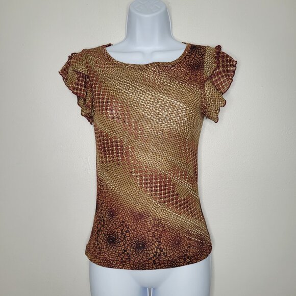 Vintage 90s y2k A Byer brown tan semi sheer ruffle sleeve rustic going out top - Picture 1 of 6